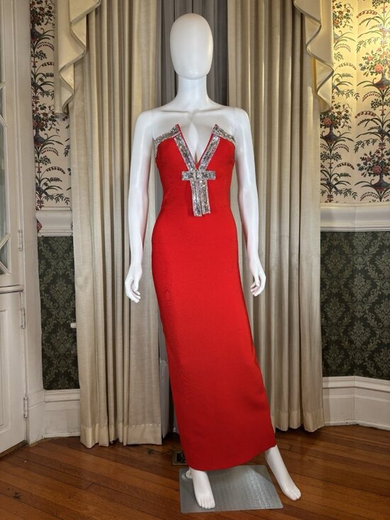 Dresses & Skirts - Red Rhinestone Deep V Strapless Bandage Gown 90s Y2K Bodycon